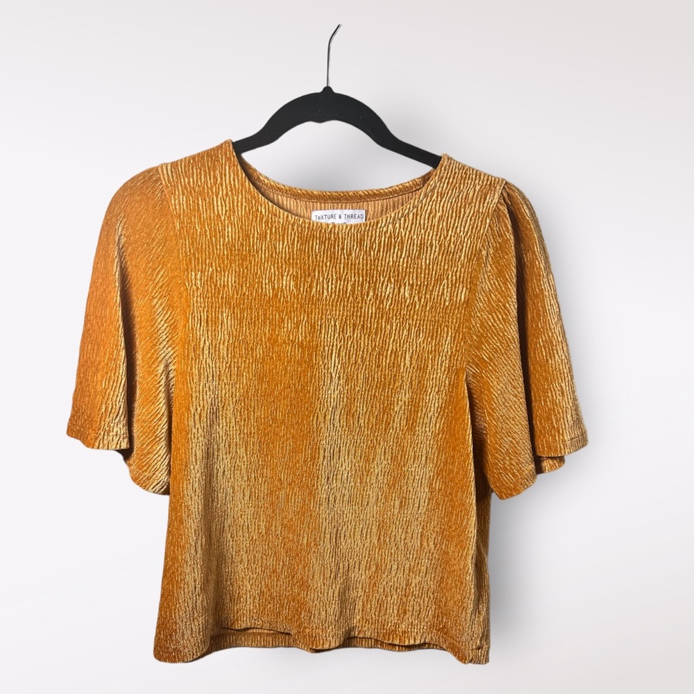 Madewell Texture & Thread XS Yellow Velvet Blouse Top Crinkle Flutter Sleeve